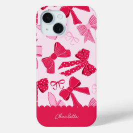 Coque Pour iPhone 15 Preppy Hand Drawn Coquette Pink Red Bows