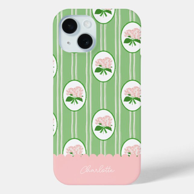 Coques Case-Mate iPhone Preppy Hand Drawn Hydrangea Pink Green Frame (Verso)