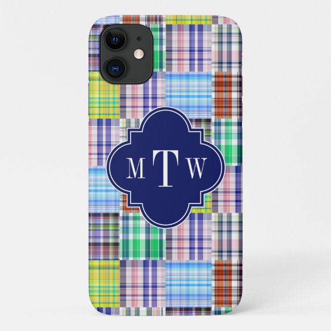 Coques Case-Mate iPhone Preppy Patchwork Madras Navy Quatrefoil Monogramme (Dos)
