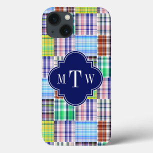 iPhone 13 Case Preppy Patchwork Madras Navy Quatrefoil Monogramme
