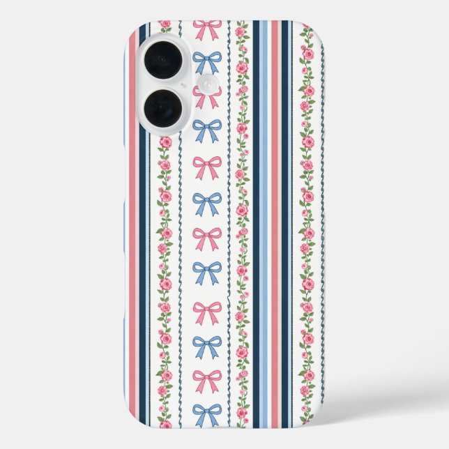 Coques Case-Mate iPhone Preppy Pink Blue Coquette Bows Florals Striped (Verso)