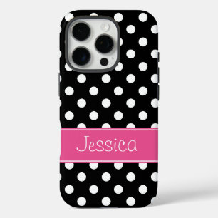Coques iPhone 16 Pro Preppy Pois rose et noir Personnalisé
