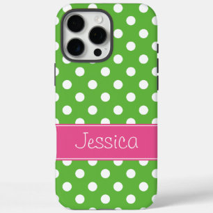 Coques iPhone 16 Pro Max Preppy Pois verts et roses Personnalisé