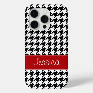 Coque iPhone 15 Pro Preppy Red et Black Houndstooth Personnalisé