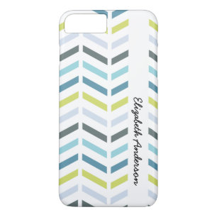 Coque iPhone 8 Plus/7 Plus Preppy Zigzag Aqua et Chevrons verts avec nom