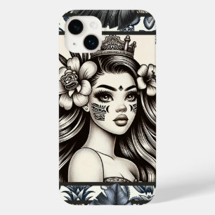 Coque Pour iPhone 14 Plus Princesse Polynésienne Fleur Tribale Bleue