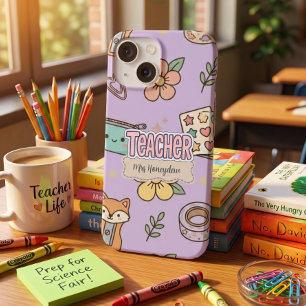 Coque Pour iPhone 14 Professeur lettres roses motif scolaire