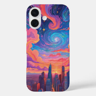 Coques iPhone 16 Psychédélique pastel ciel cityscape téléphone case