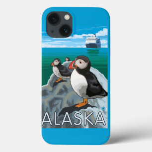 iPhone 13 Case Puffins watching a Cruise Ship
