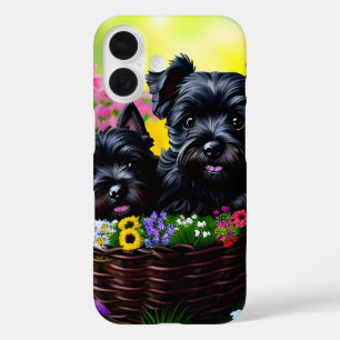 Coques iPhone 16 Puppies écossaises mignonnes dans le panier à fleu