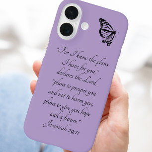 Coques iPhone 16 Purple Custom Bible Verse Papillon Jeremiah 29:11