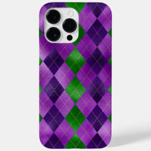 COQUE POUR POUR iPhone 14 PRO MAX PURPLE OR VERT MARDI GRAS DIAMOND MOTIFS