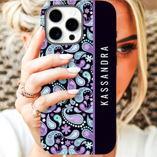Coques iPhone 16 Pro Max Purple Paisley Nom personnalisé