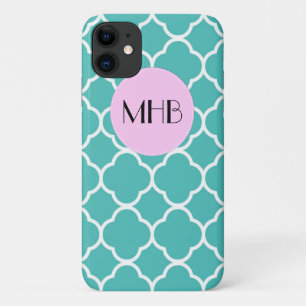 Coques Pour iPhone Quatrefoil bleu, Trellis marocain, Monogramme