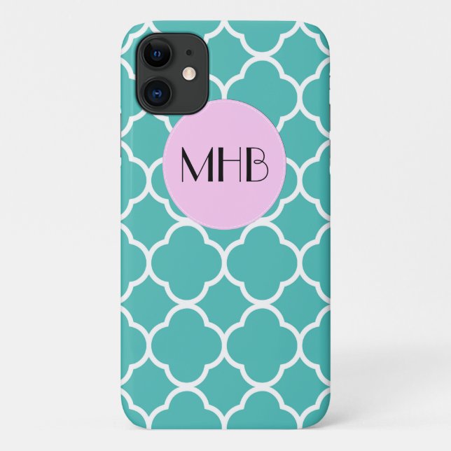 Coques Case-Mate iPhone Quatrefoil bleu, Trellis marocain, Monogramme (Dos)