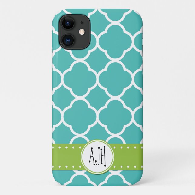 Coques Case-Mate iPhone Quatrefoil bleu, Trellis marocain, Monogramme (Dos)