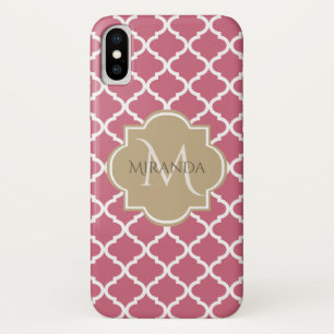 Coque iPhone X Quatrefoil rose avec Monogramme de fille et nom