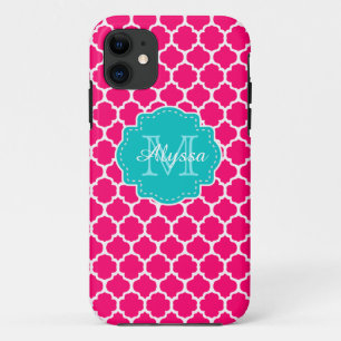 Coque iPhone 11 Quatrefoil rose bleu personnalisé