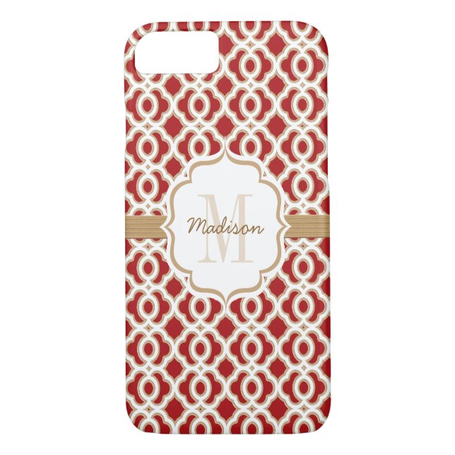 Coques Case-Mate iPhone Quatrefoil rouge et or monogramme (Dos)