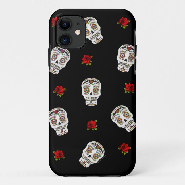 Coques Case-Mate iPhone RAB Rockabilly Sugar Skulls Roses On Black (Dos)
