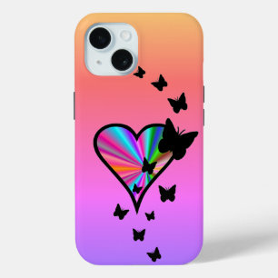 Coque Pour iPhone 15 Rainbow heart and Butterfly