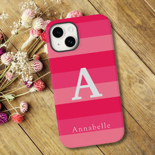 Coque Pour iPhone 14 Raspberry Pink Strips Nom du monogramme personnali