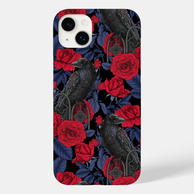 Coques Case-Mate iPhone Ravages et roses avec des feuilles bleu foncé (Verso)