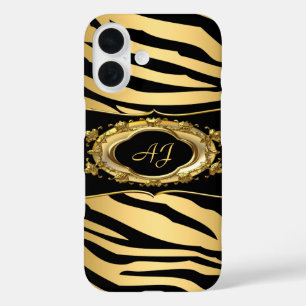 Coques iPhone 16 Rayure de zèbre monogrammée noir orné or