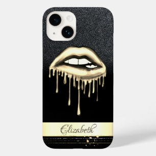 Coque Pour iPhone 14 Rayure dorée, lèvres dégoulinantes métalliques ver