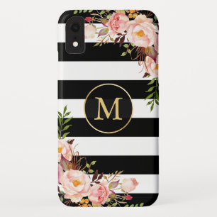 Etui iPhone Case-Mate Rayures blanches noires florales d'or décoré d'u