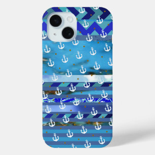 Coque Pour iPhone 15 rayures bleu turquoise & motif d'ancre