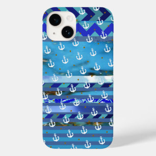 Coque Pour iPhone 14 rayures de turquoise et motif bleus d'ancre