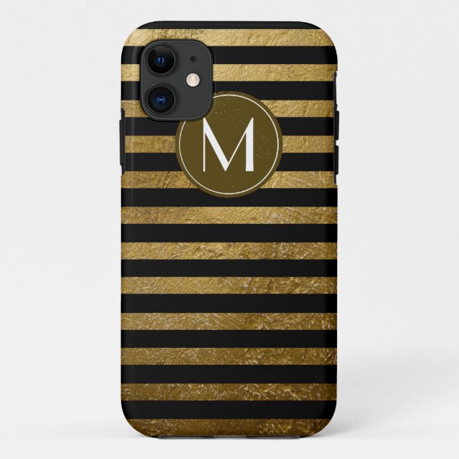 Coques Case-Mate iPhone rayures dorées sur noir monogrammed élégant (Dos)