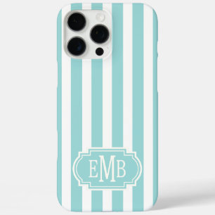 Coques iPhone 16 Pro Max Rayures Monogrammées Aqua et Blanc