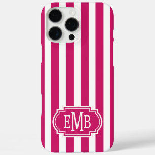 Coques iPhone 16 Pro Max Rayures monogrammées Berry et blanc
