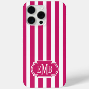 Coque iPhone 15 Pro Max Rayures monogrammées Berry et blanc