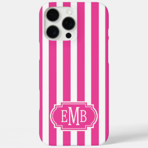 Coques iPhone 16 Pro Max Rayures Monogrammées Rose Chaud et Blanc