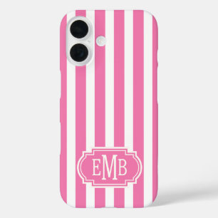 Coques iPhone 16 Rayures monogrammes roses et blanches