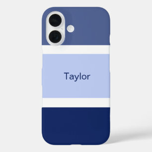Coques iPhone 16 Rayures Nautiques Bleu et Blanc Personnalisées