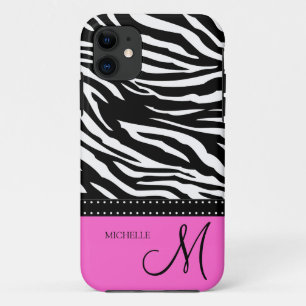 Coque iPhone 11 Rayures noires et blanches de zèbre avec des roses