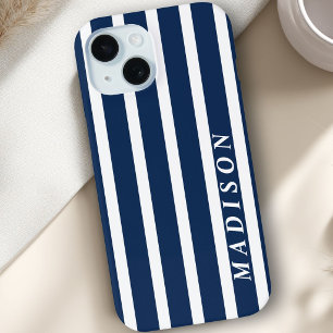 Coque Pour iPhone 15 Rayures personnalisées Bleu marine Blanc