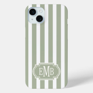 Coque iPhone 15 Mini Rayures Vert Sauge et Blanc Monogrammées
