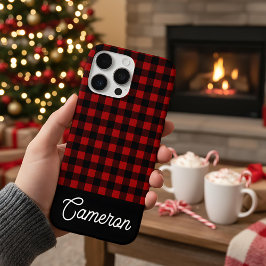 Coques iPhone 16 Pro Max Red & Black Buffalo Plaid Custom Name