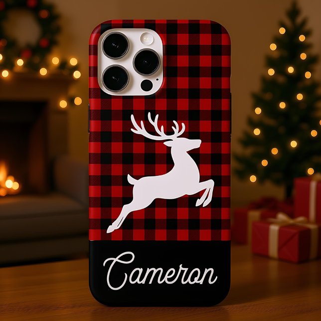 Coques Case-Mate iPhone Red & Black Plaid with Reindeer Custom Name (Créateur téléchargé)