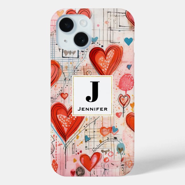 Coques Case-Mate iPhone Red Hearts Whimsical Love Motif Monogramme (Verso)