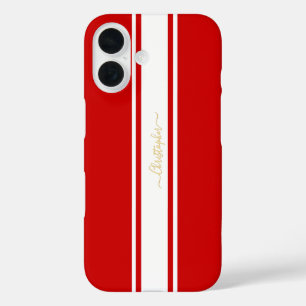 Coques iPhone 16 Red White Racing Stripes Gold Monogrammed Stylish