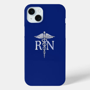 Coque iPhone 15 Mini Regised Nurse RN Caduceus on Blue Decor