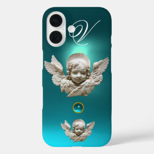 Coques iPhone 16 RENAISSANCE FLORENTINE ANGEL Aqua Monogramme bleu