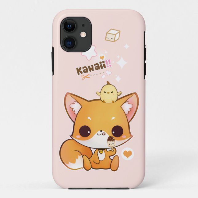 Coques Case-Mate iPhone Renard mignon de chibi avec le poussin et la glace (Dos)
