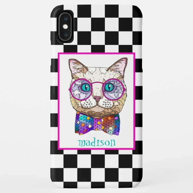 Coques Case-Mate iPhone Retro B&W Checkerboard, Hipster Cat, Personnalisé (Dos)